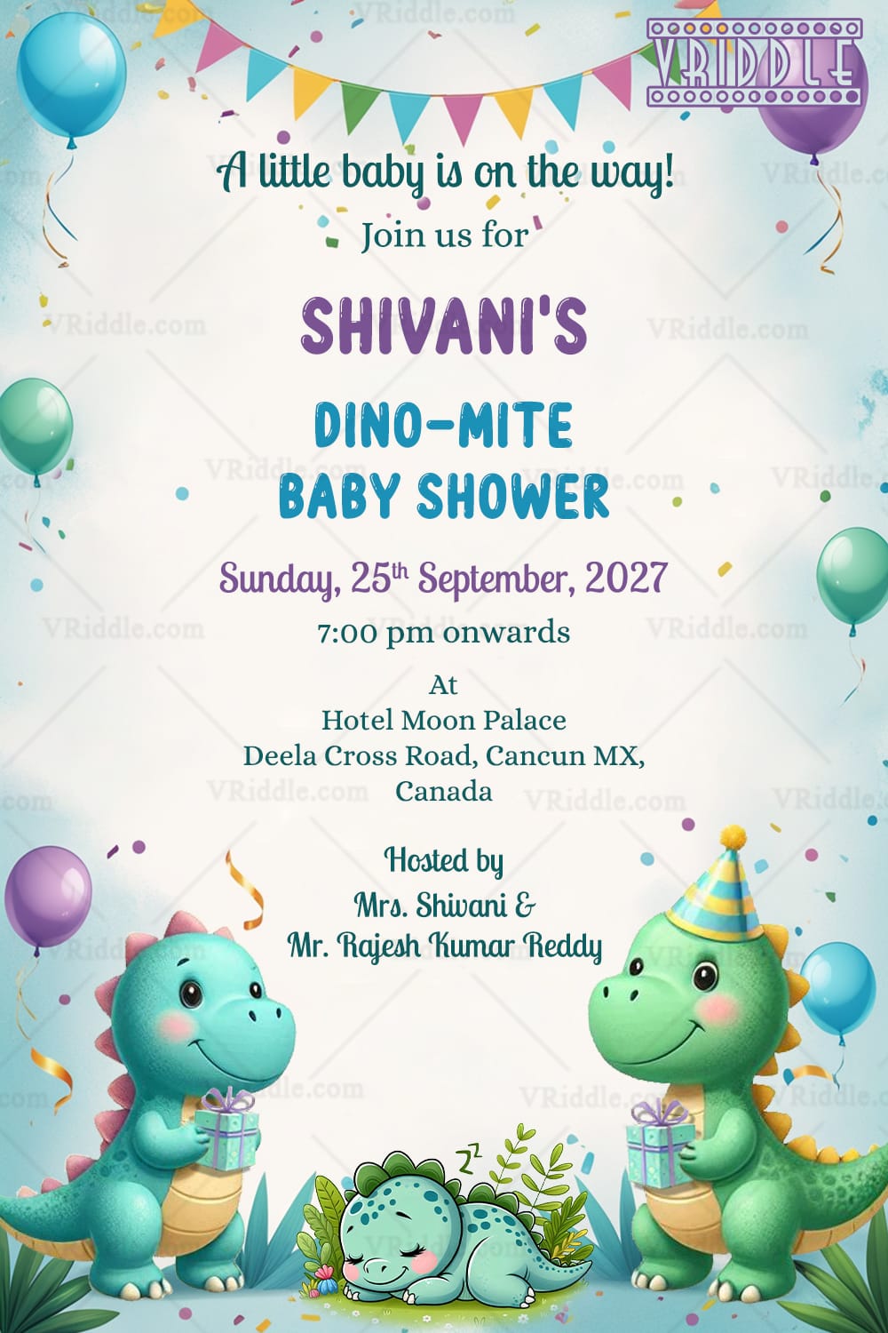 Cute Cartoon Dino Mite Baby Shower Invitation with Gift, Bunting and Balloons
