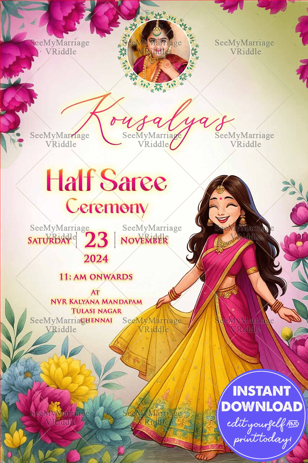 Dancing Girl Illustration Half Saree Ceremony Invitation with Pink and Yellow Floral Border Design With Add Photo Option