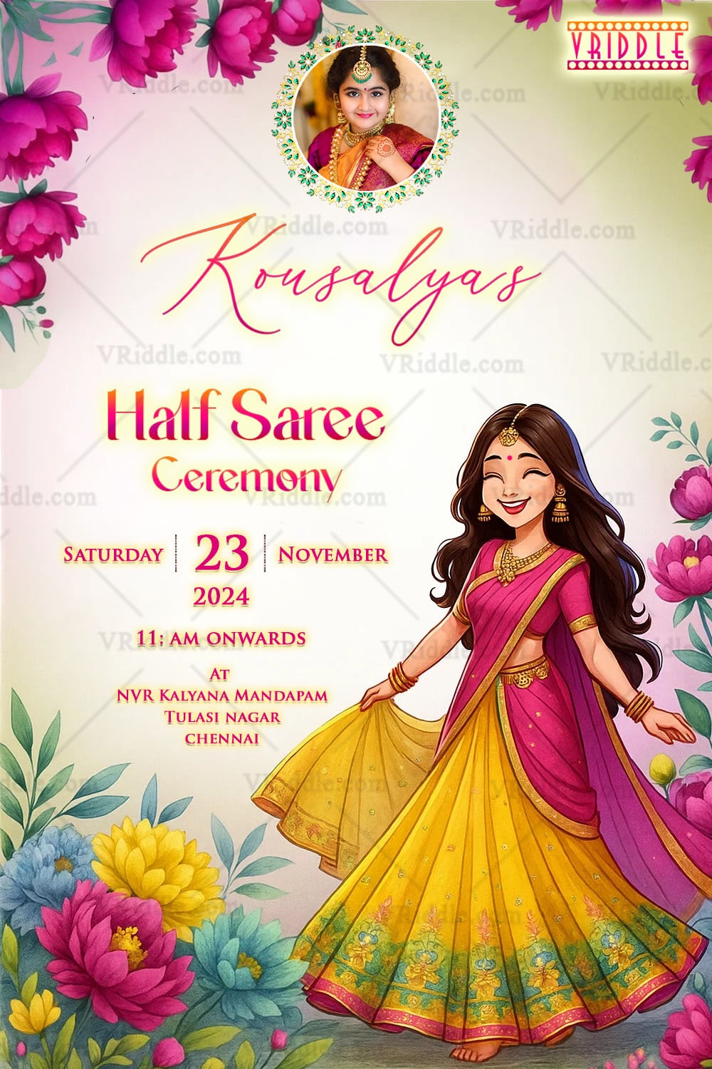 Dancing Girl Illustration Half Saree Ceremony Invitation with Pink and Yellow Floral Border Design With Add Photo Option
