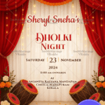 Dholki Night Invitation Card with Hanging Lights and Drums Illustration with Rich Red Drapes Backdrop