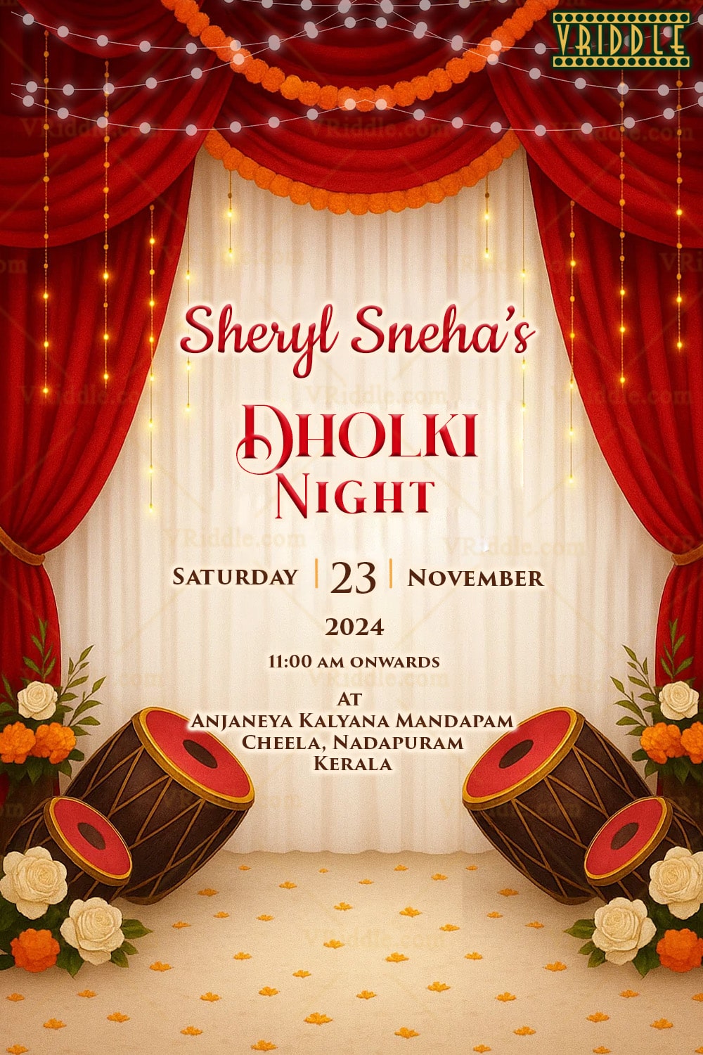 Dholki Night Invitation Card with Hanging Lights and Drums Illustration with Rich Red Drapes Backdrop
