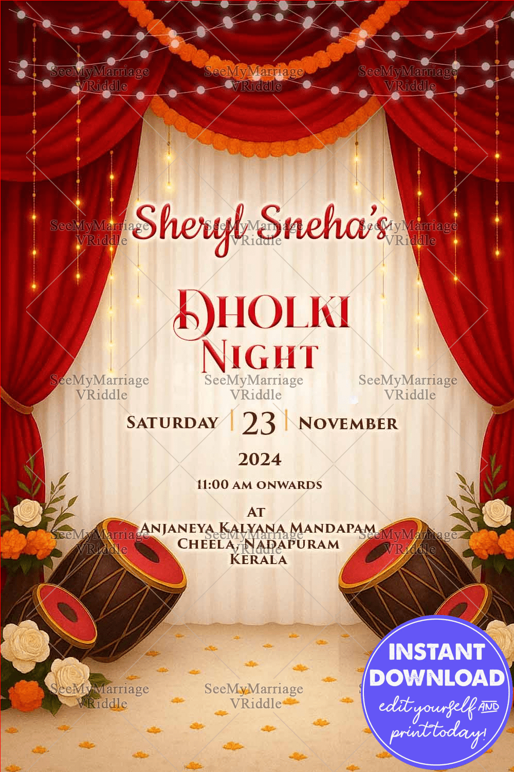 Dholki Night Invitation Card with Hanging Lights and Drums Illustration with Rich Red Drapes Backdrop