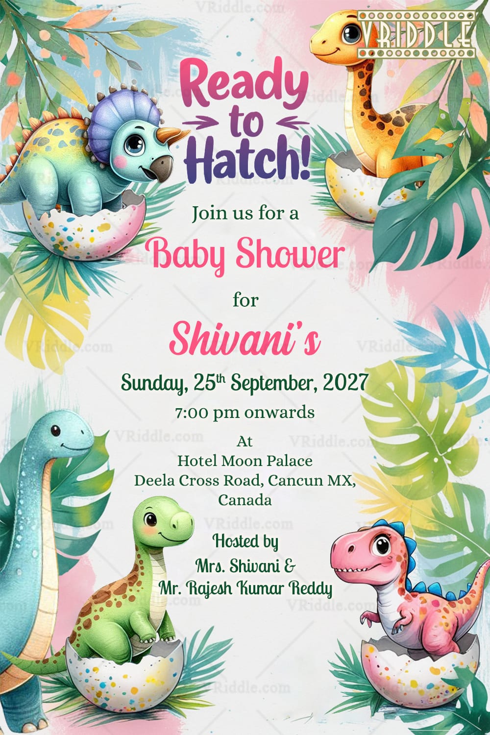 Dino Hatch Theme Baby Shower Invitation with Tropical Leaves Design