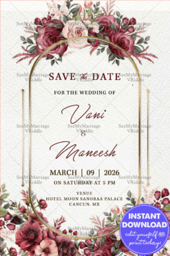 Dusty Rose Floral Wedding Save the Date Card Featuring Burgundy Blooms and Golden Frame Arch Design