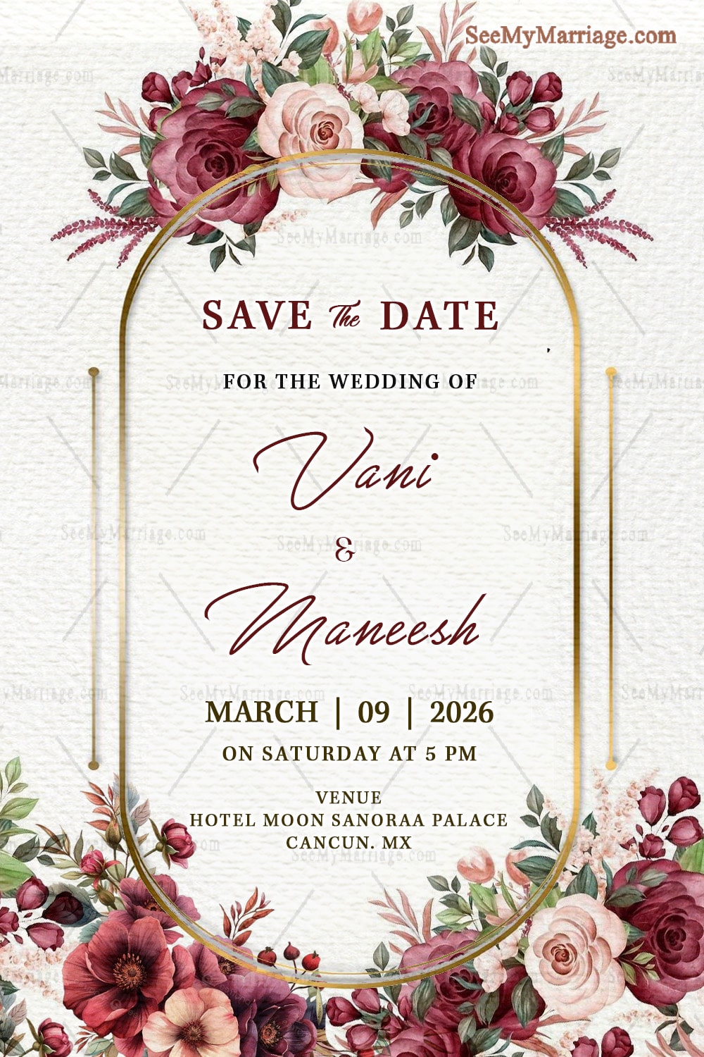 Dusty Rose Floral Wedding Save the Date Card Featuring Burgundy Blooms and Golden Frame Arch Design