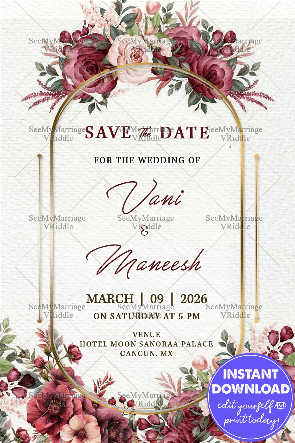 Dusty Rose Floral Wedding Save the Date Card Featuring Burgundy Blooms and Golden Frame Arch Design