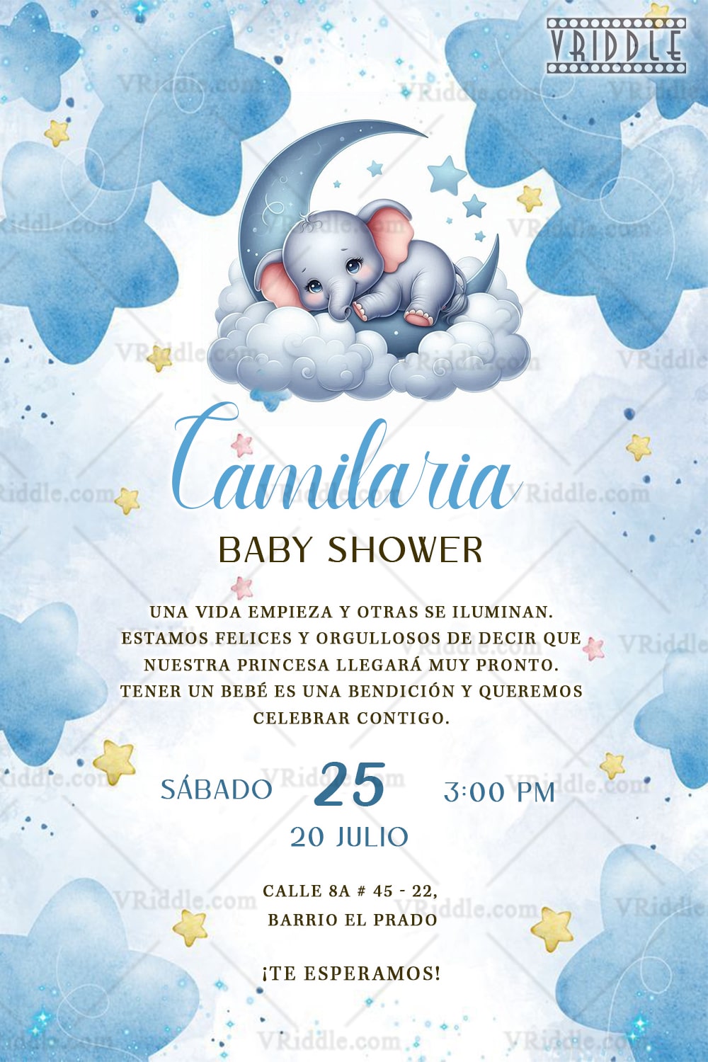 Elephant-Themed Spanish Baby Shower Invitation with Crescent Moon Illustration and Soft Blue Watercolor Design