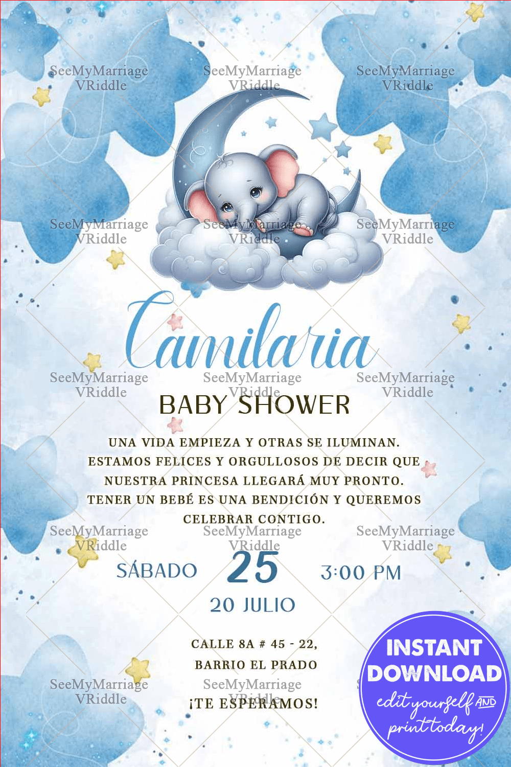 Elephant-Themed Spanish Baby Shower Invitation with Crescent Moon Illustration and Soft Blue Watercolor Design