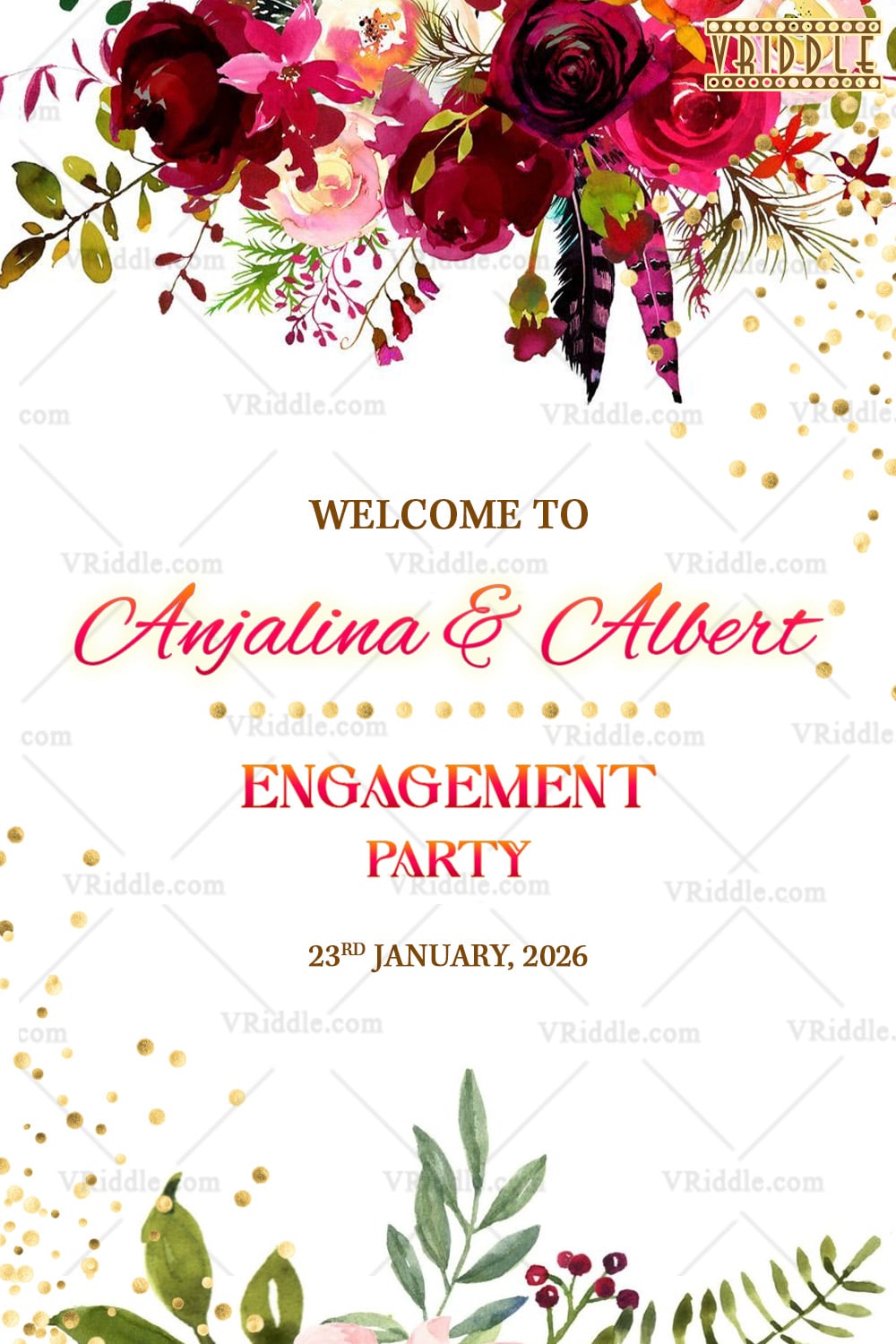 Engagement Welcome Banner Featuring Bold Watercolor Florals and Golden Accents