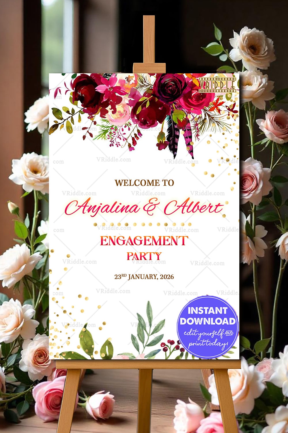 Engagement Welcome Banner Featuring Bold Watercolor Florals and Golden Accents