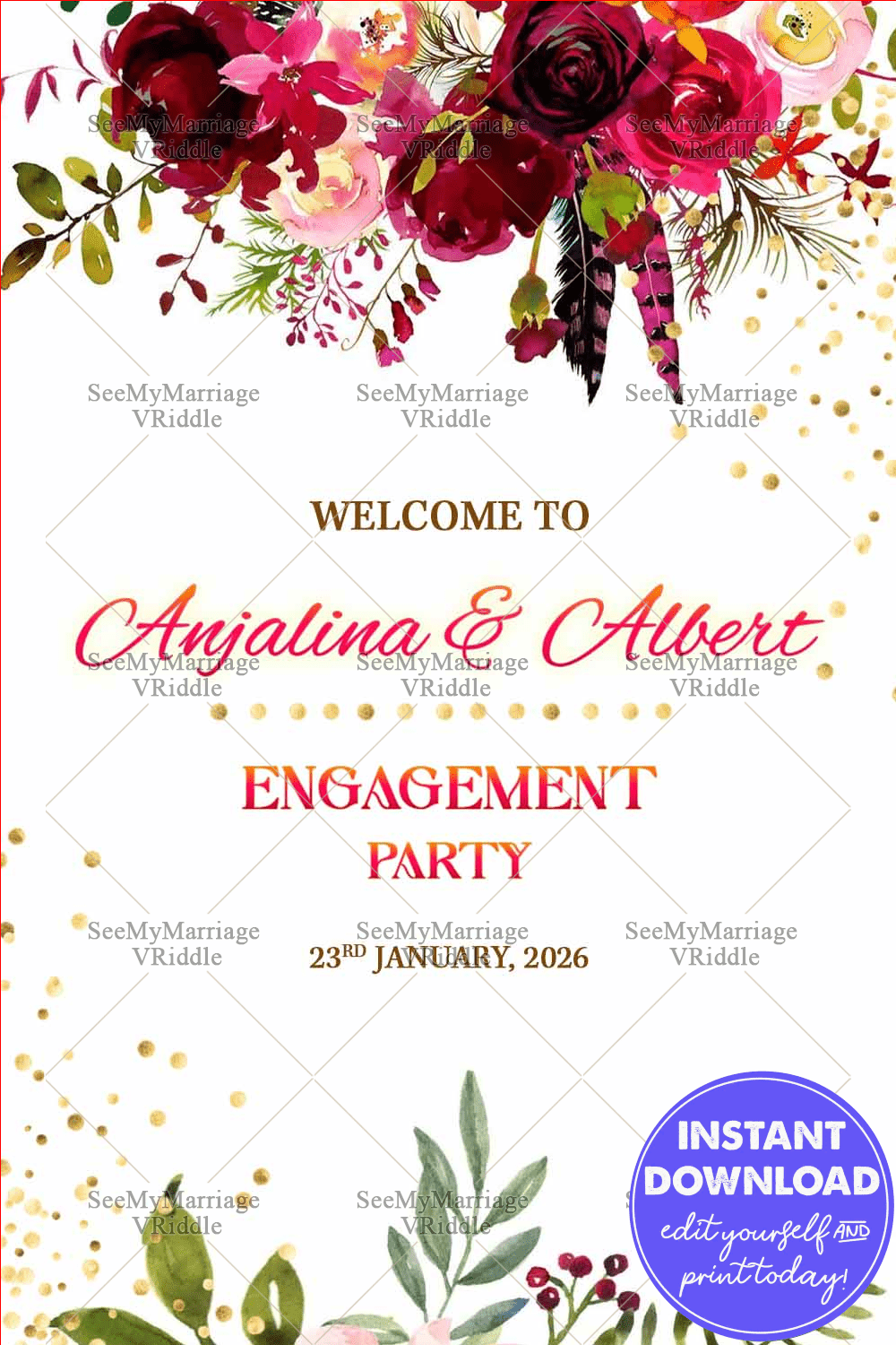 Engagement Welcome Banner Featuring Bold Watercolor Florals and Golden Accents
