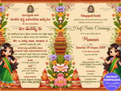 English & Telugu Half Saree Invitation In Green And Sandal Theme With A Cute Girl Illustration