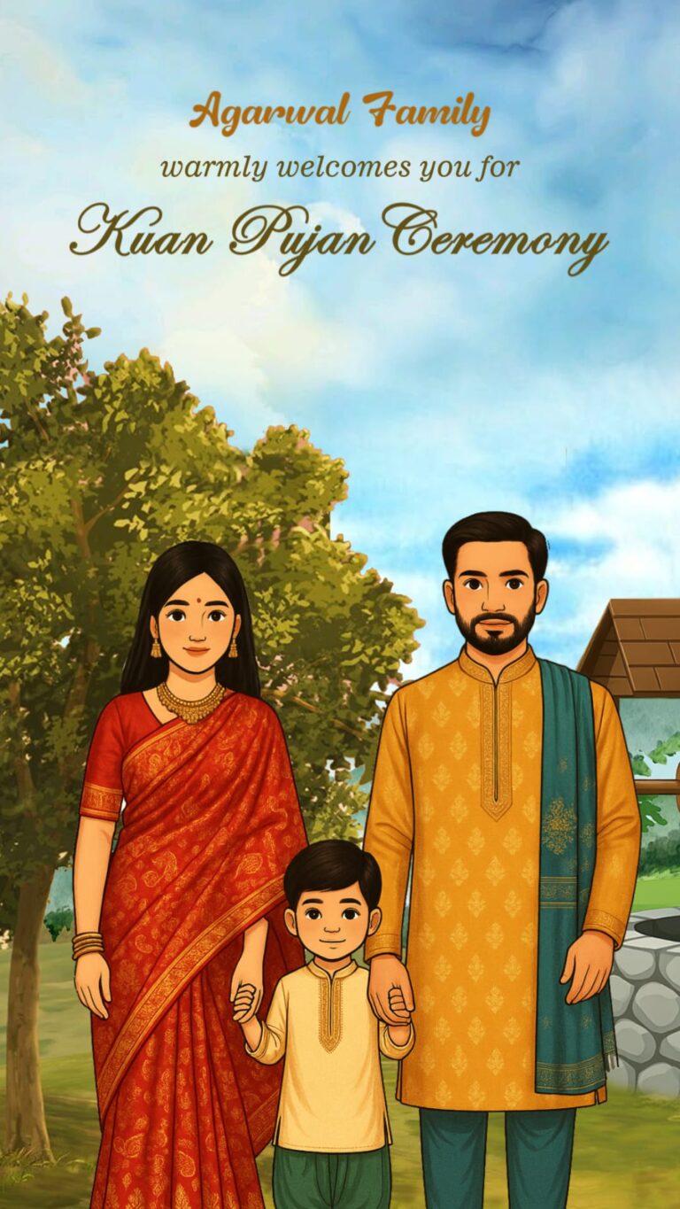 Family and Friends Theme Kuan Pujan Ceremony Video with Traditional Indian Couple and Child Illustration