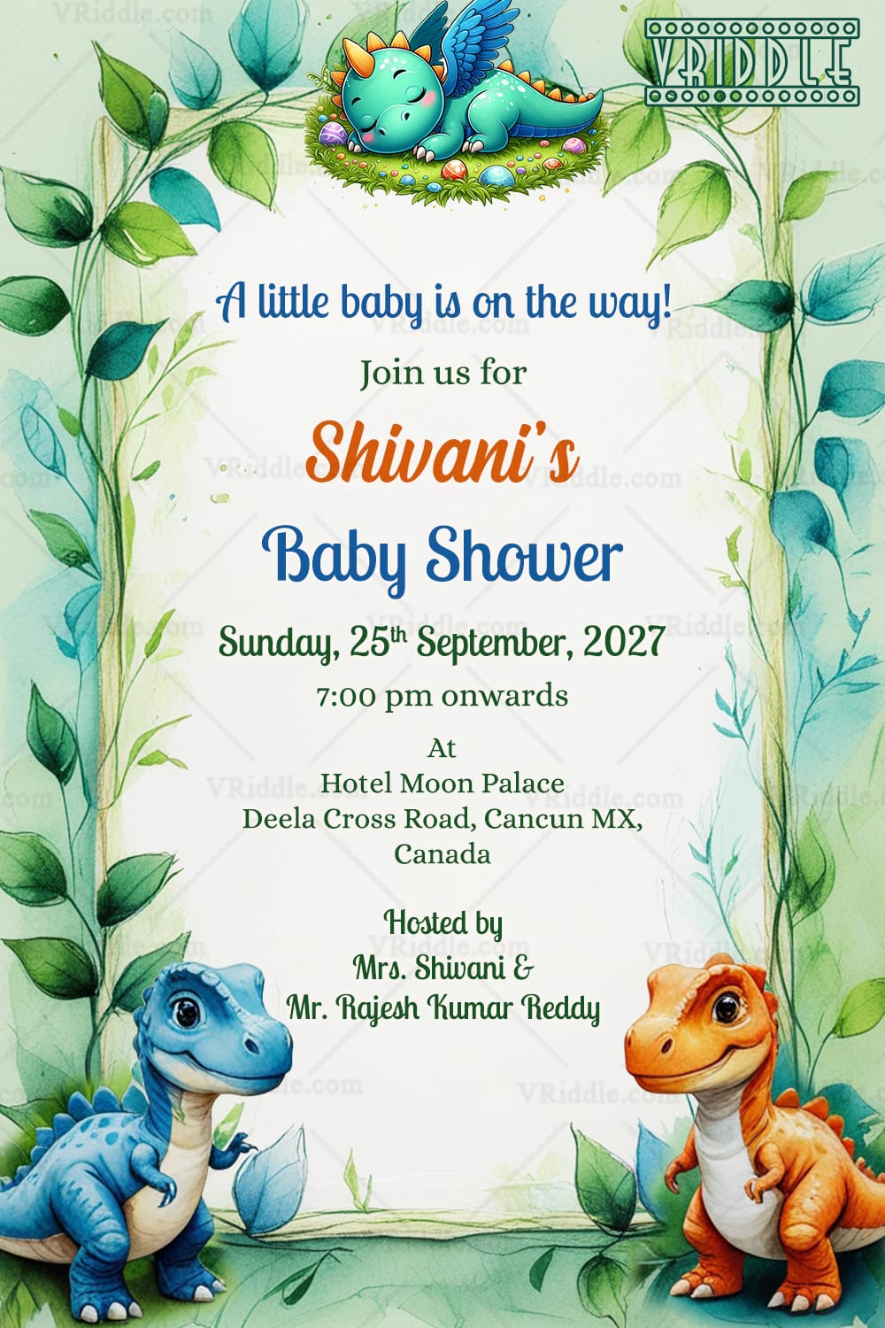 Forest Dino Cartoon Theme Baby Shower Invitation with Sleeping and Greenery Border