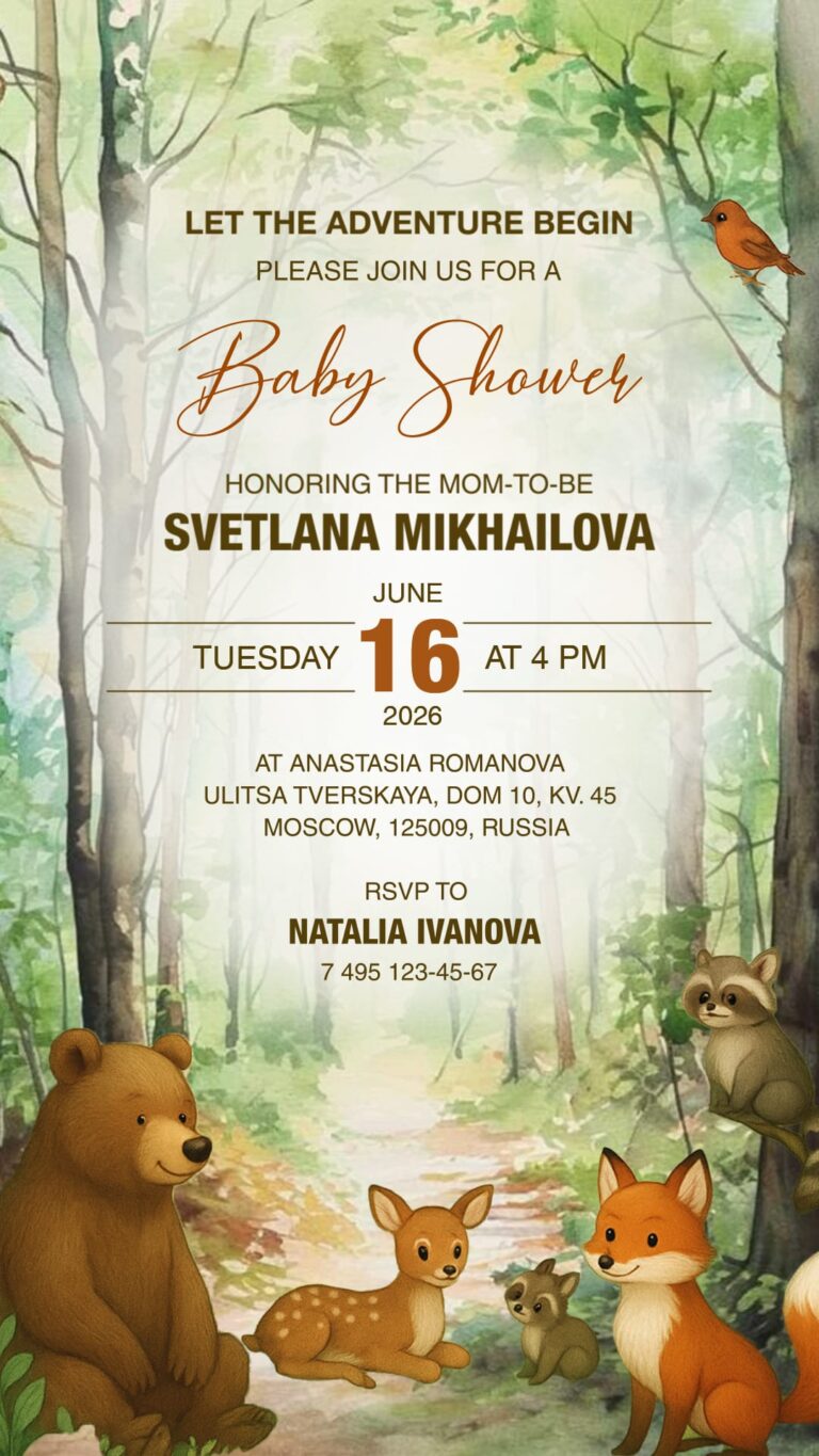 Forest and Woodland Theme Baby Shower Invitation Video with Cute Animal Illustrations