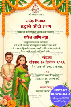 Green Saree Marathi Oti Bharan Invitation with Husband Wife Illustration and Floral Garland