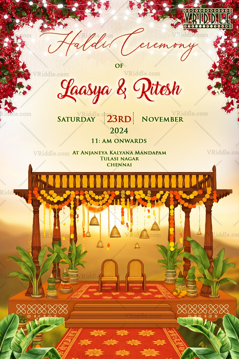 Haldi Invitation for Bride and Groom in Sunset Backdrop and Decorated Mandap Stage with Vibrant Marigold Garlands