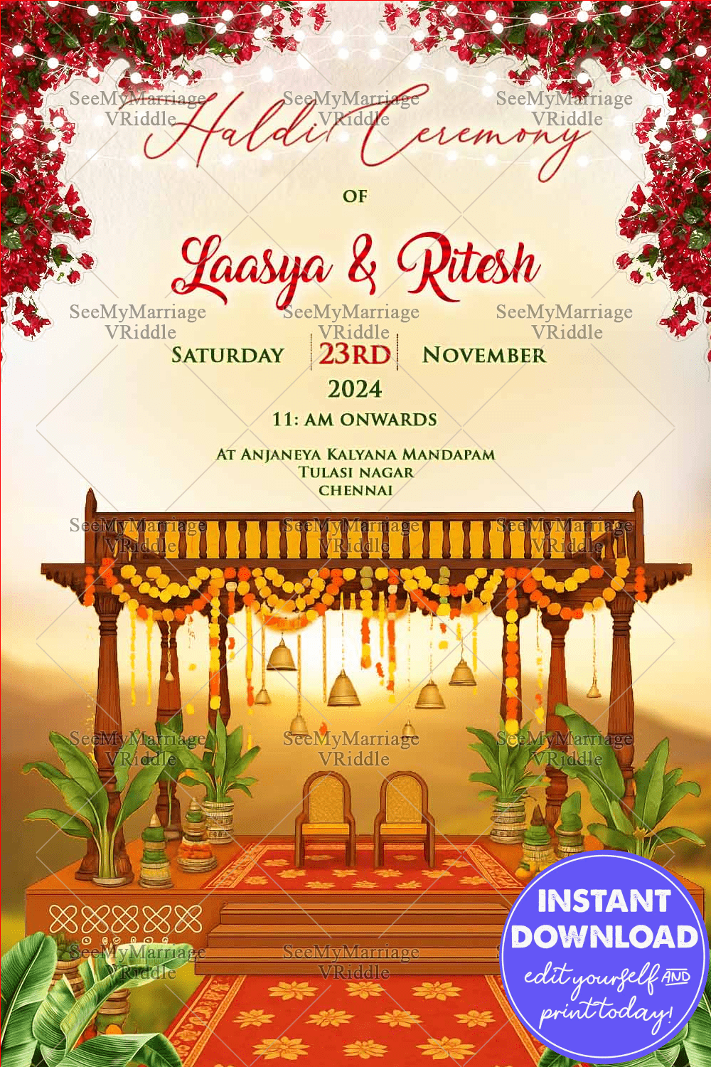Haldi Invitation for Bride and Groom in Sunset Backdrop and Decorated Mandap Stage with Vibrant Marigold Garlands