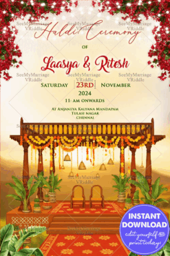 Haldi Invitation for Bride and Groom in Sunset Backdrop and Decorated Mandap Stage with Vibrant Marigold Garlands