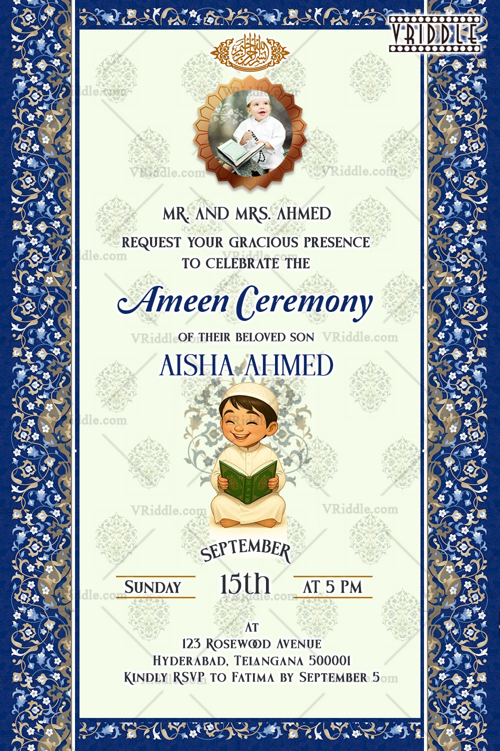 Islamic Ameen Ceremony Invitation with boy Reading Quran, Floral Blue Border, Add Photo & Traditional