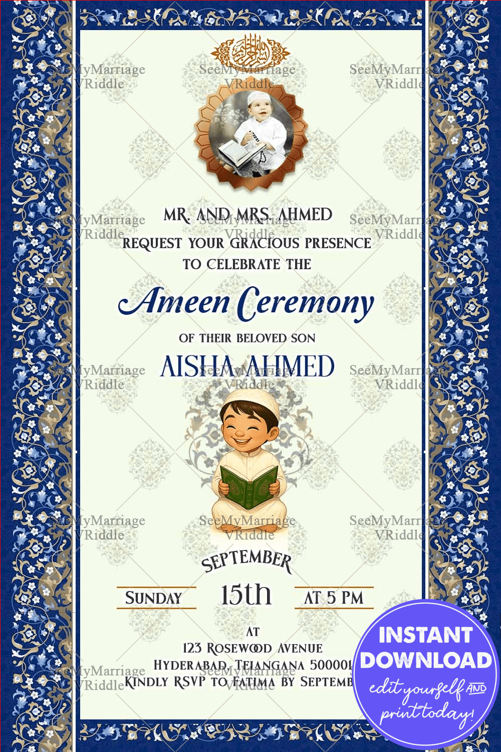 Islamic Ameen Ceremony Invitation with boy Reading Quran, Floral Blue Border, Add Photo & Traditional