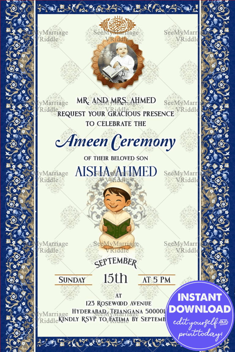Islamic Ameen Ceremony Invitation with boy  Reading Quran, Floral Blue Border, Add Photo & Traditional