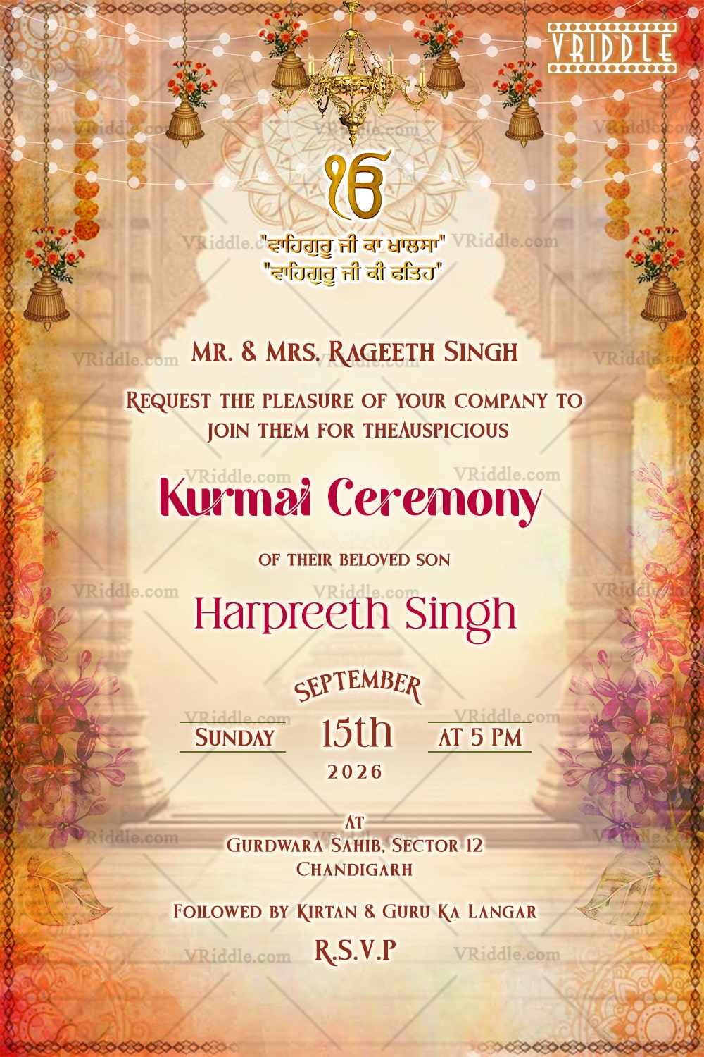 Kurmai Invitation Card with Hanging Bells and Floral Garlands featuring a Golden Chandelier and Ornamental Arch in Warm Tones