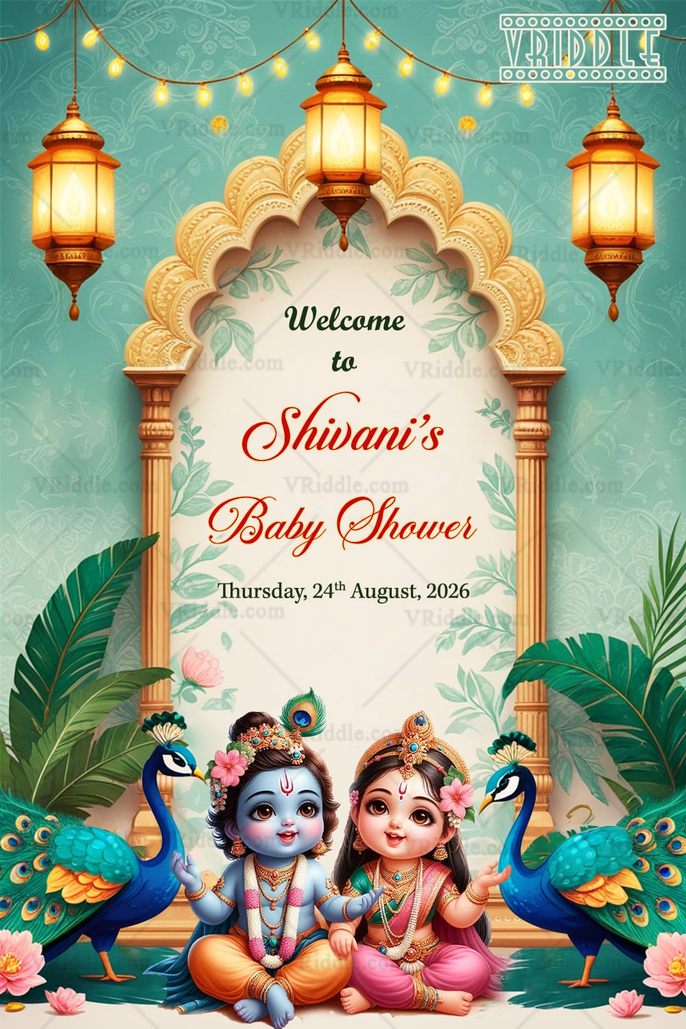 Krishna Radha Baby Shower Welcome sign Board with Peacock and Arch Design