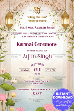 Kurmai Invitation Card with Golden Lanterns and White Floral Borders with Palace arch, Lotus Accents In Pastel BG