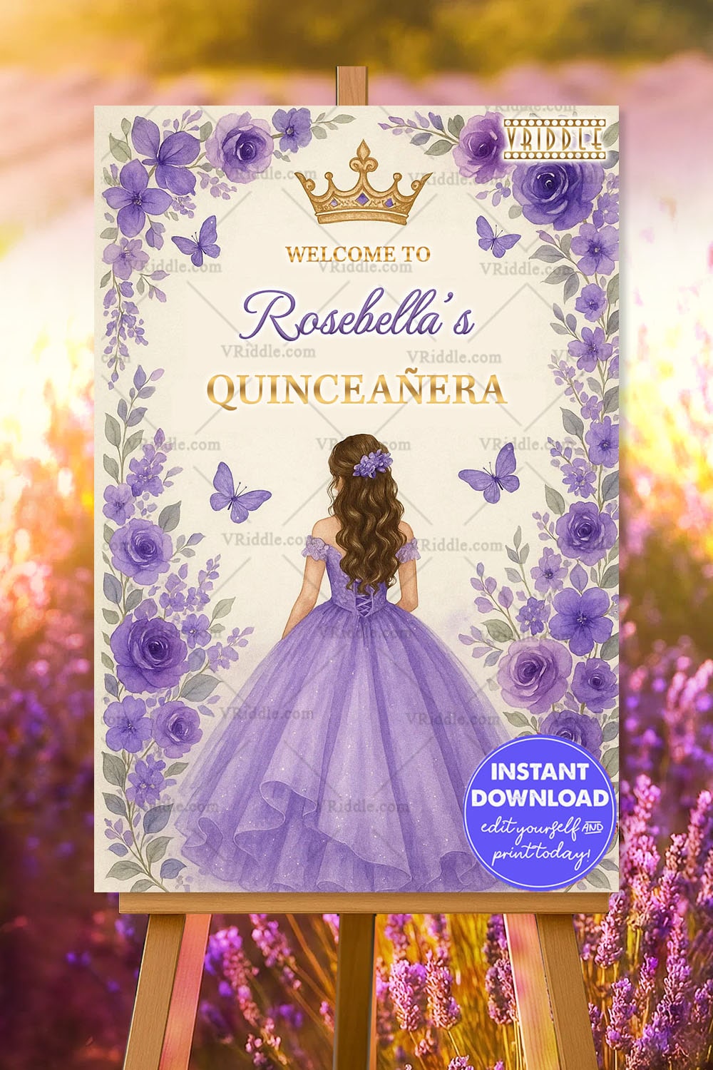 Lavender Quinceañera Welcome Sign Board with Princess in Gown Illustration with Floral Frame and Golden Crown Accents