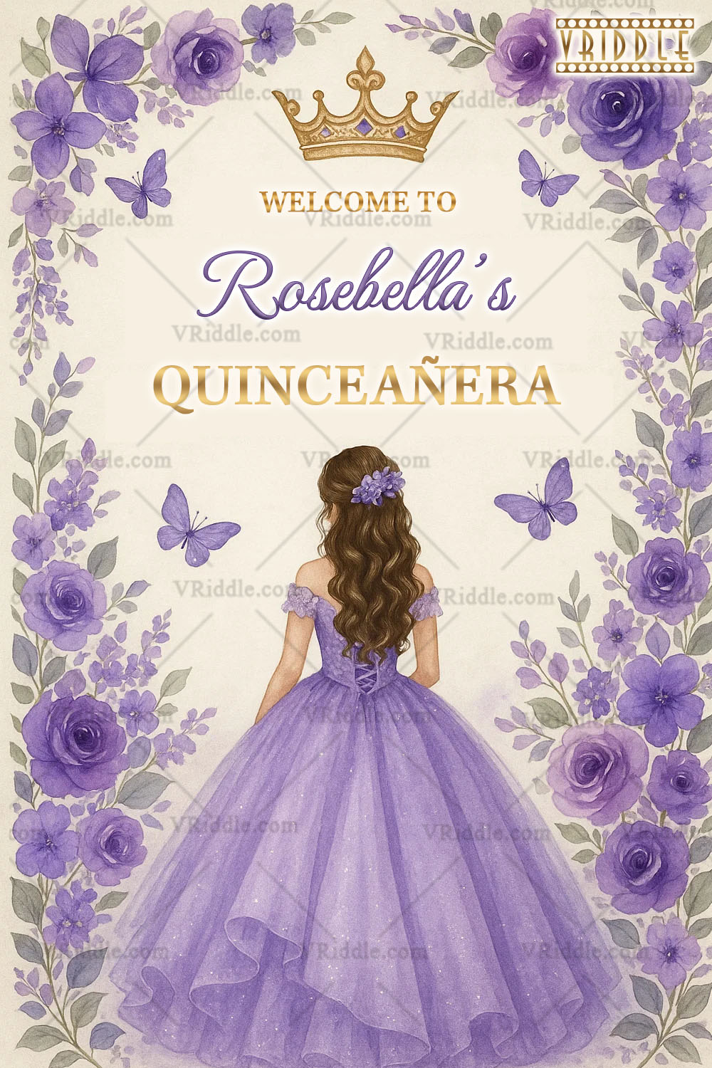 Lavender Quinceañera Welcome Sign Board with Princess in Gown Illustration with Floral Frame and Golden Crown Accents