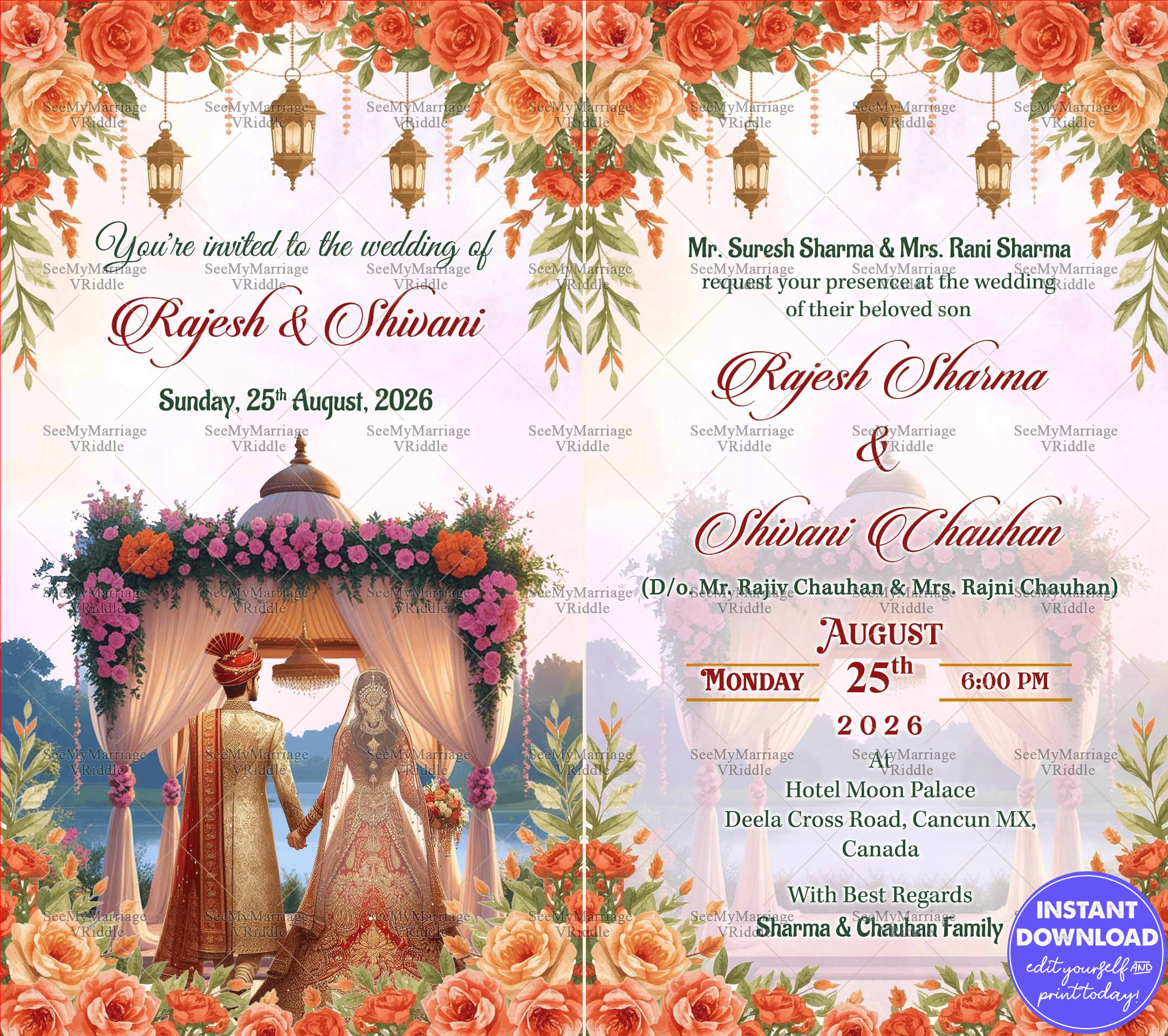 Luxurious North Indian Wedding Invitation Card with Romantic Scene of Bride and Groom From The Back