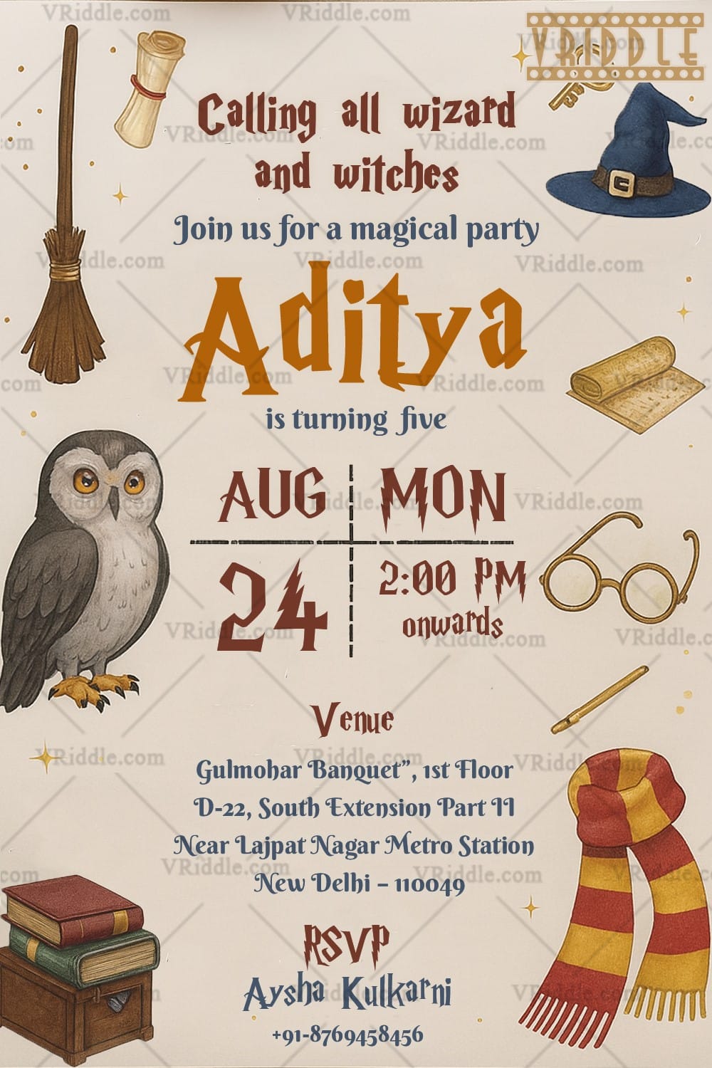 Magical Birthday Party Invitation Card with Owl, Wizard and Broom Design