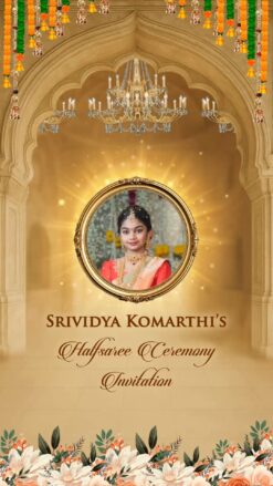 Mahal Theme Half Saree Ceremony Invitation Video with Add Photo, Cartoon Family and Floral Decor