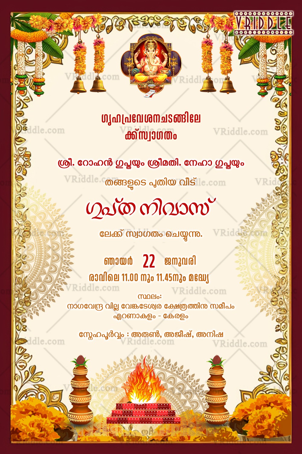 Traditional Malayalam Housewarming Invitation Card with Marigold Garlands and Sacred Fire with Mandala Design in White BG