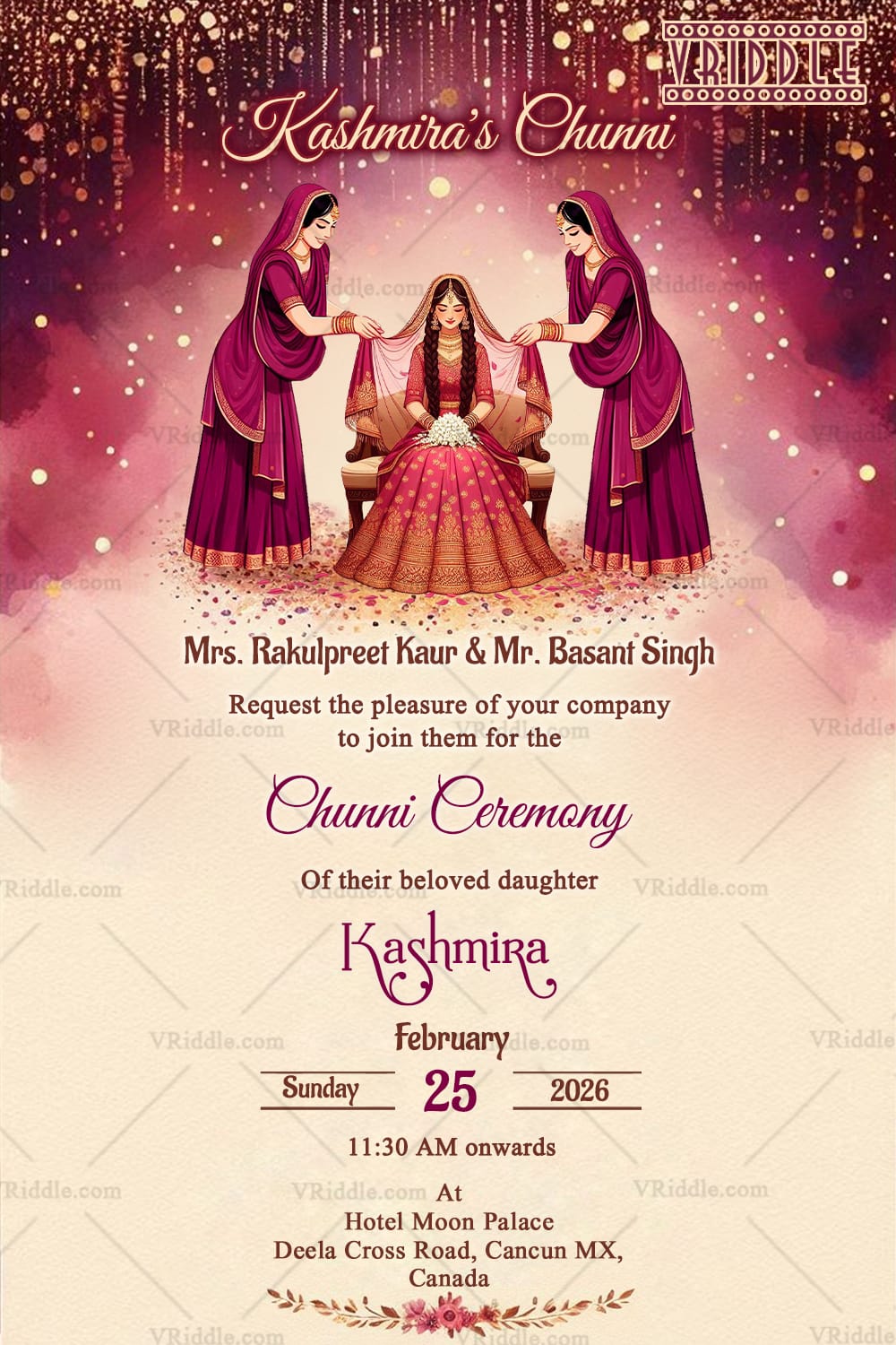 Maroon & Gold Theme Chunni Ceremony Card with Illustrated Bride and Cultural Detailing