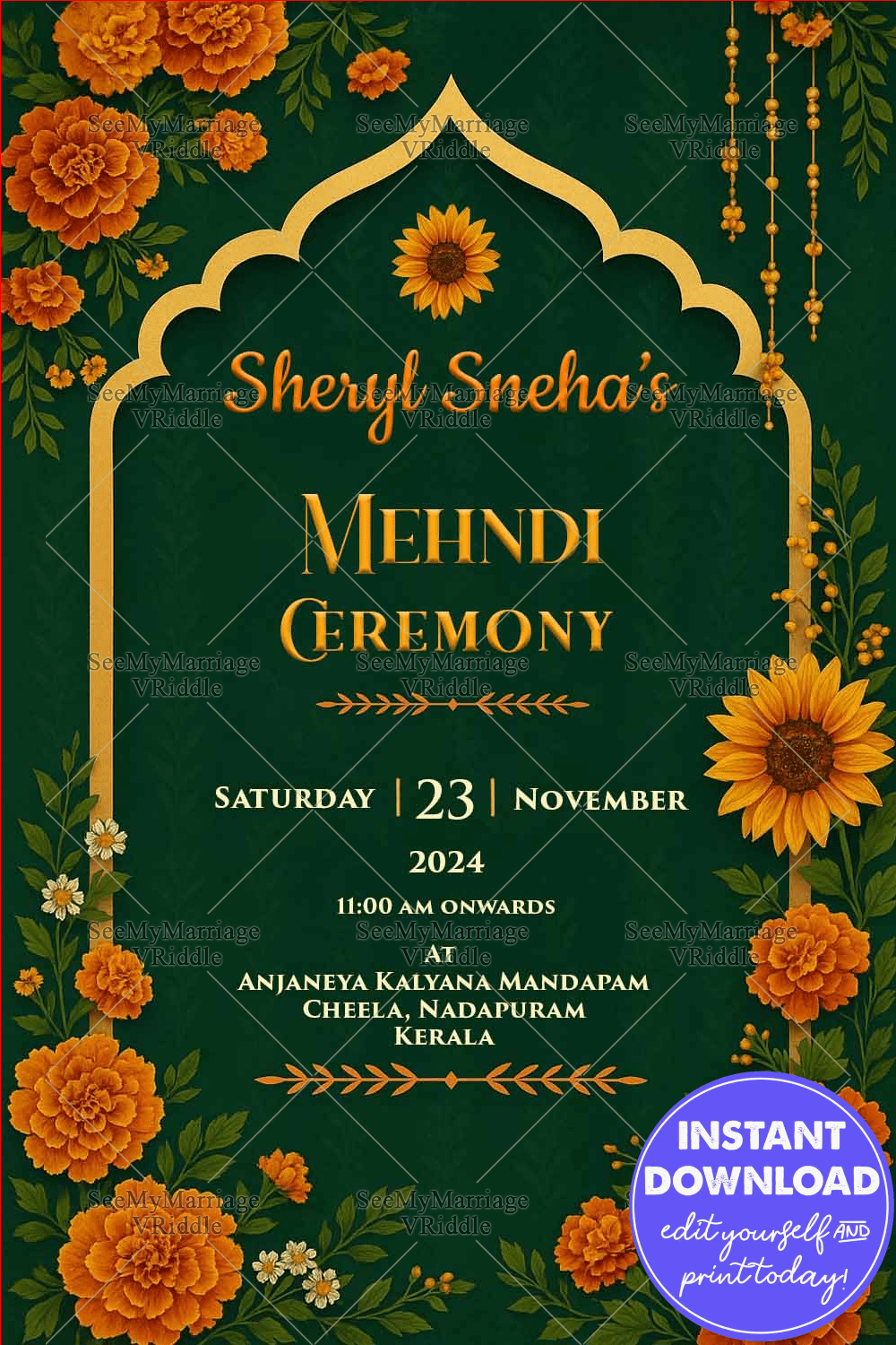 Mehndi Ceremony Invitation with Golden Arch Frame and Marigold Floral Accents on a Deep Green Background