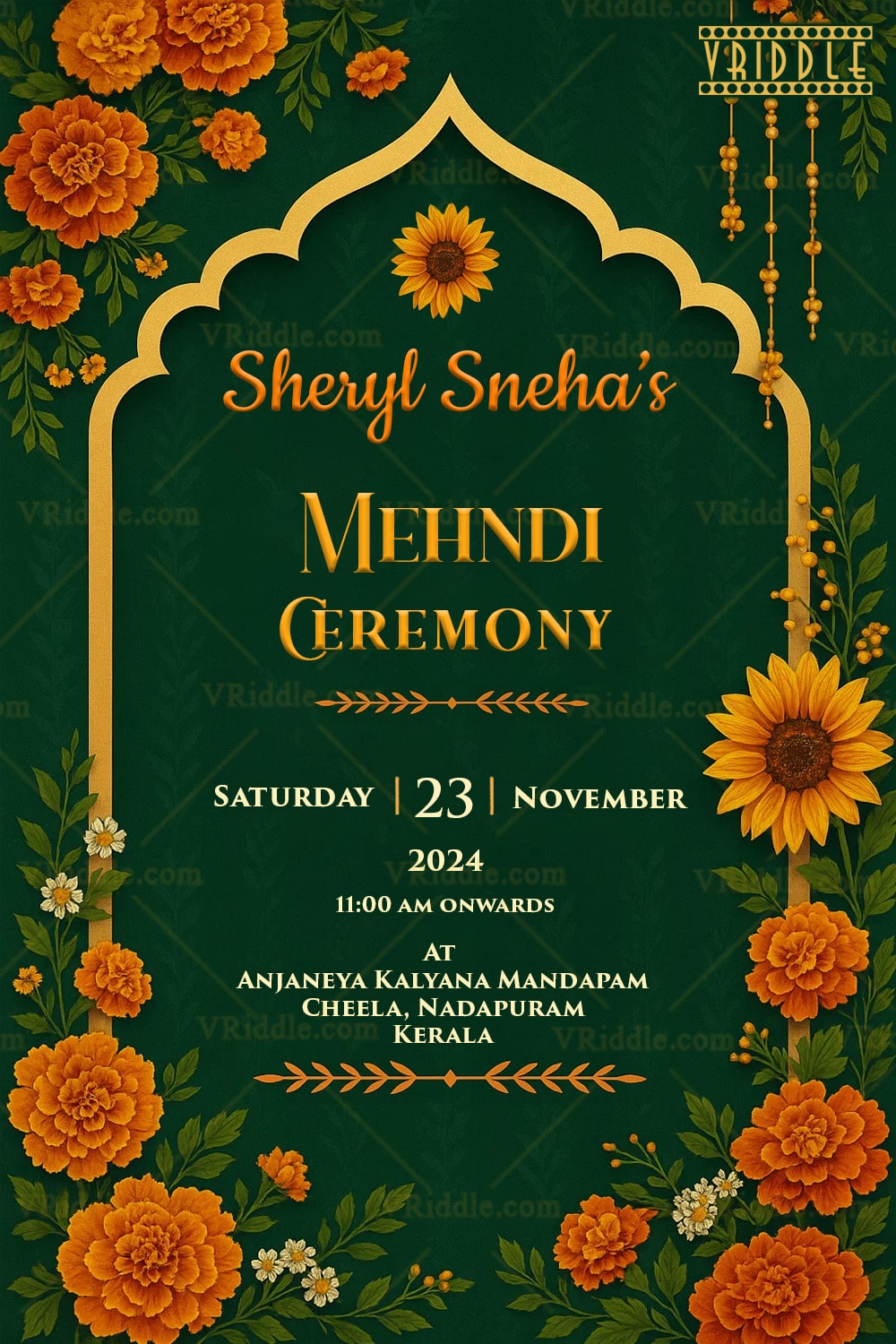 Mehndi Ceremony Invitation with Golden Arch Frame and Marigold Floral Accents on a Deep Green Background