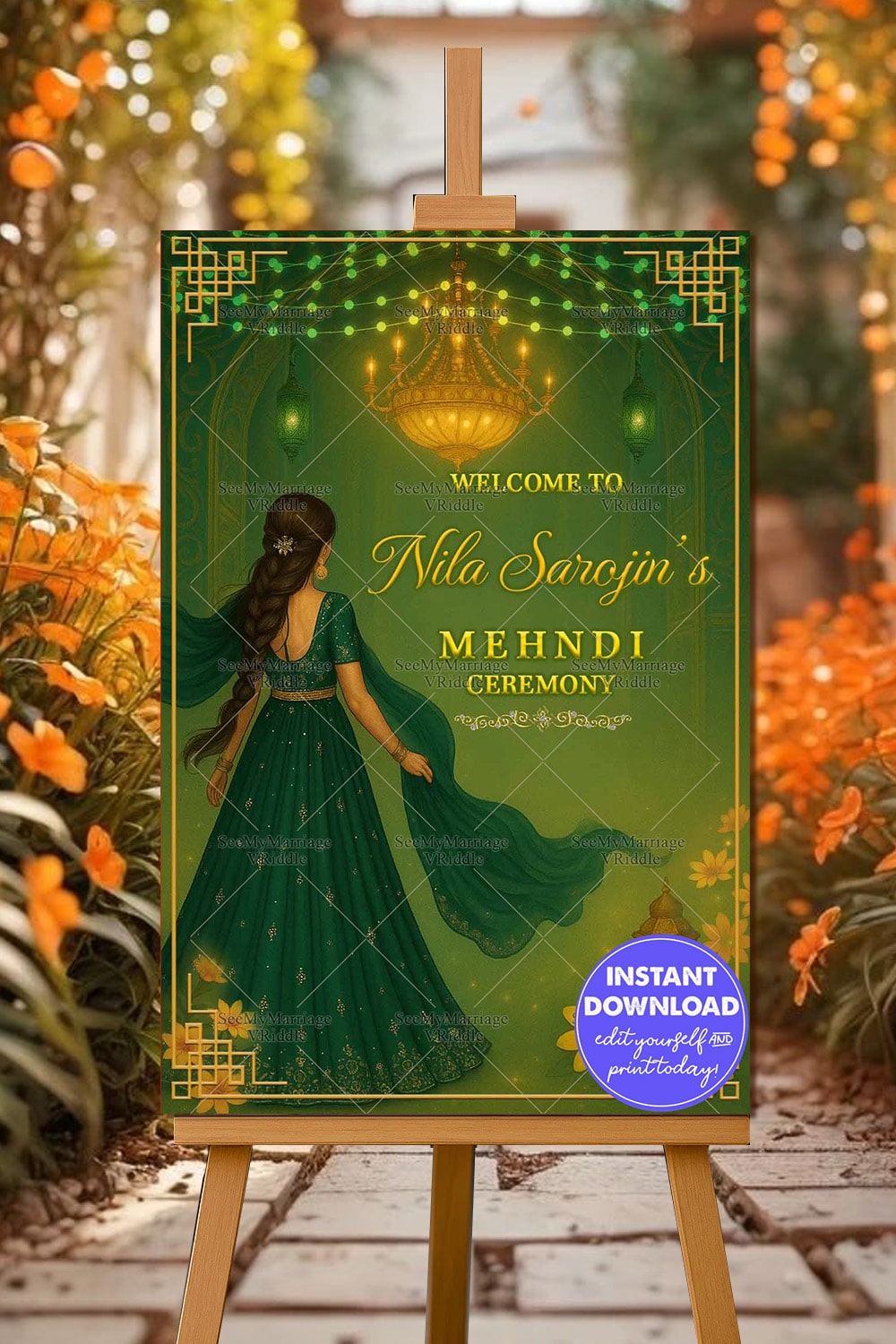 Mehndi Welcome Sign Board with Regal Green Lehenga Girl Illustration and Golden Lantern Charm with Yellow Floral Design