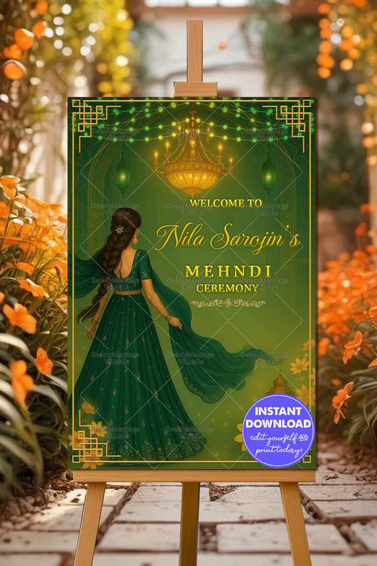 Mehndi Welcome Sign Board with Regal Green Lehenga Girl Illustration and Golden Lantern Charm with Yellow Floral Design