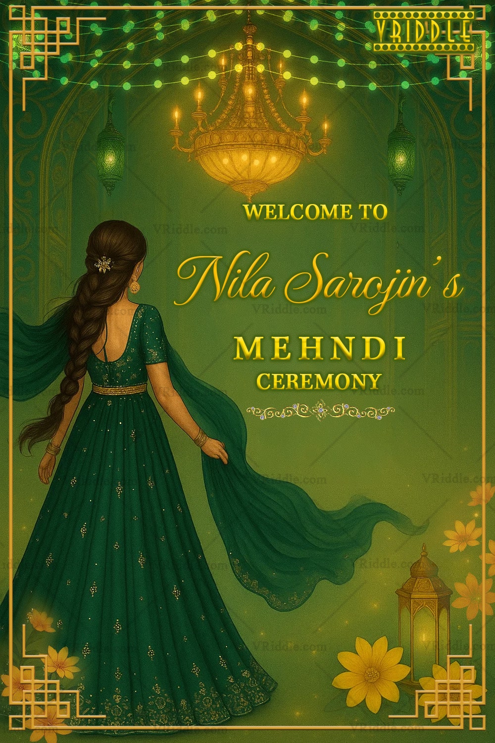 Mehndi Welcome Sign Board with Regal Green Lehenga Girl Illustration and Golden Lantern Charm with Yellow Floral Design