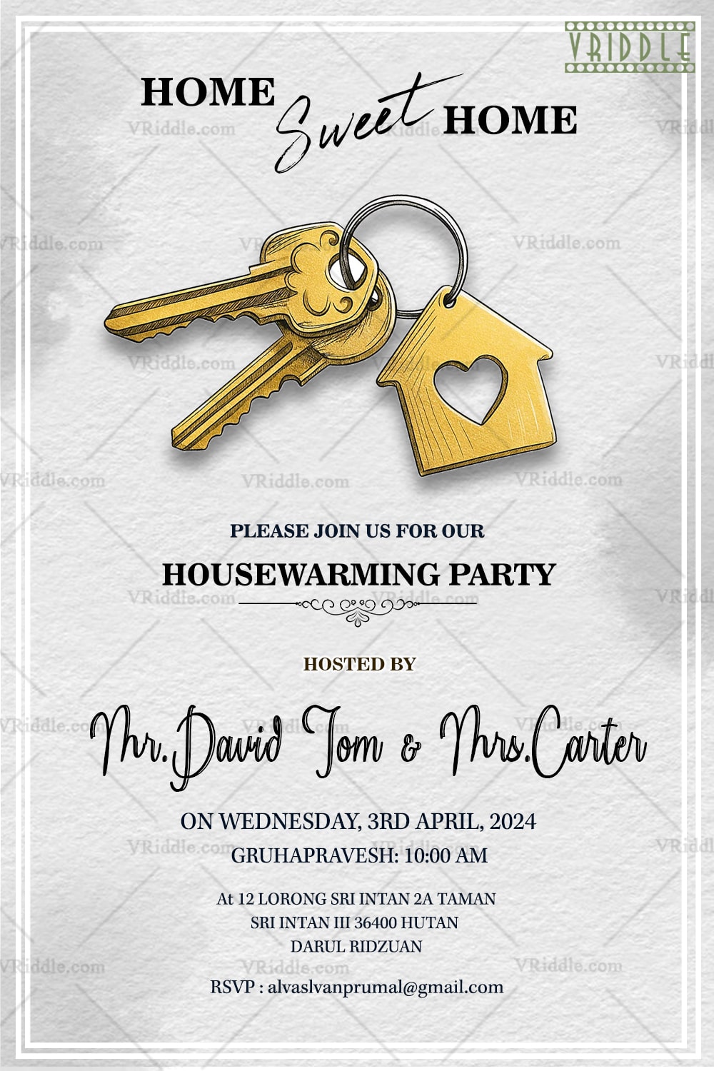 Modern Minimal Theme Housewarming Invitation with Golden Key Illustration on Elegant White Textured Background