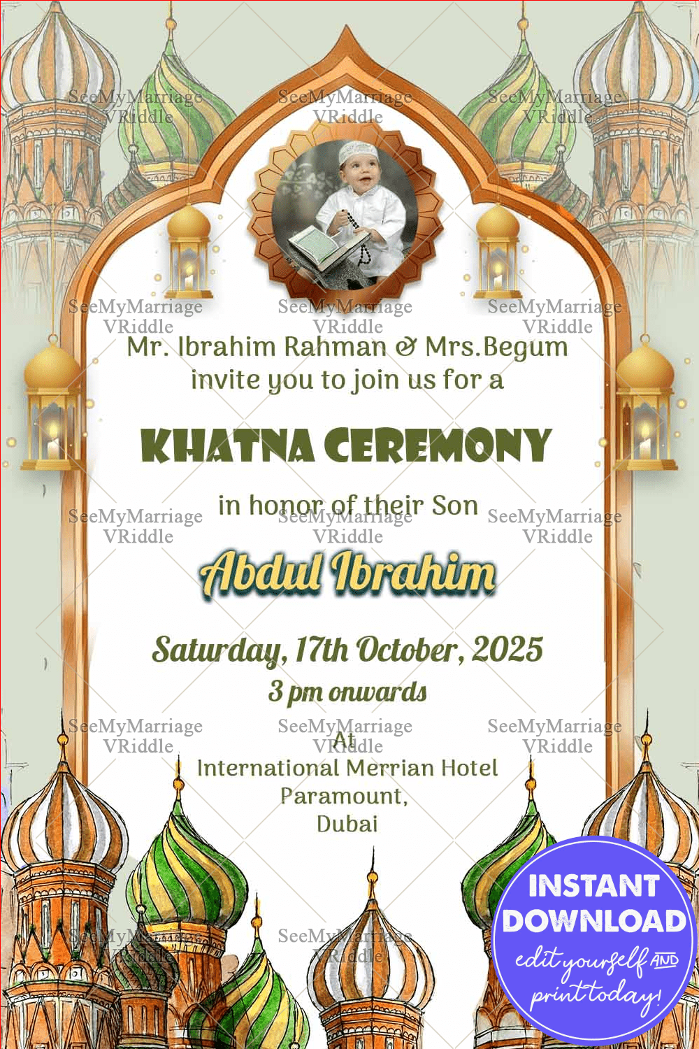 Mosque Dome Art Khatna Ceremony Invitation with Traditional Islamic Archway and Lanterns with Add Photo Option