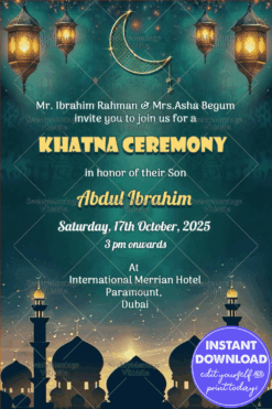 Night Lantern Themed Islamic Khatna Ceremony Invitation with Crescent Moon & Mosque Silhouette