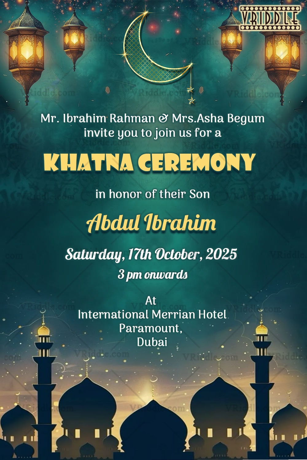 Night Lantern Themed Islamic Khatna Ceremony Invitation with Crescent Moon & Mosque Silhouette