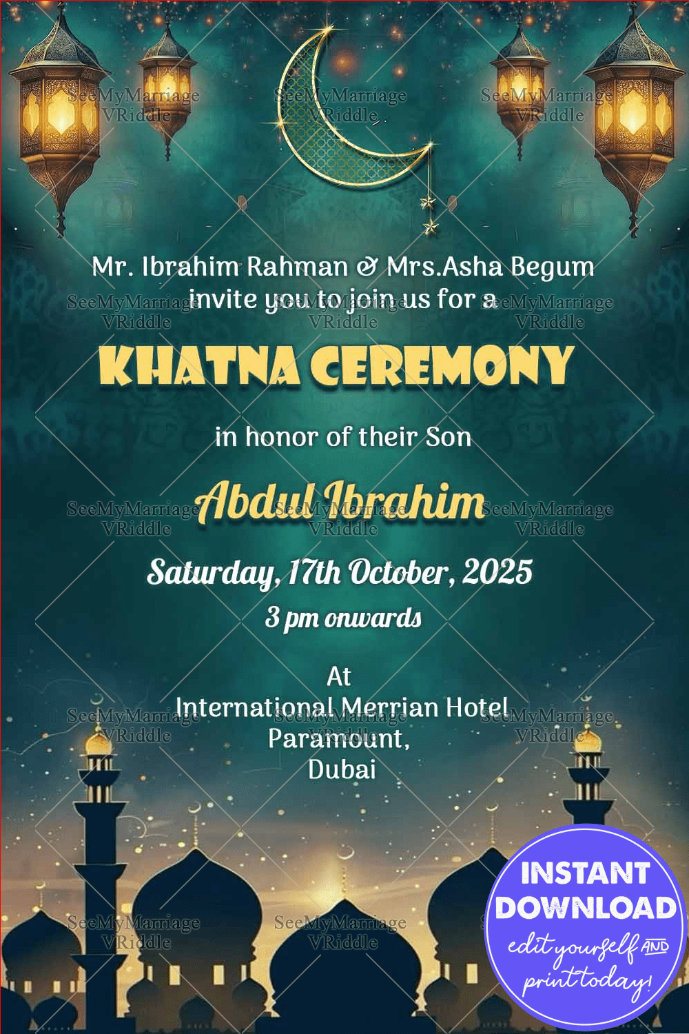 Night Lantern Themed Islamic Khatna Ceremony Invitation with Crescent Moon & Mosque Silhouette
