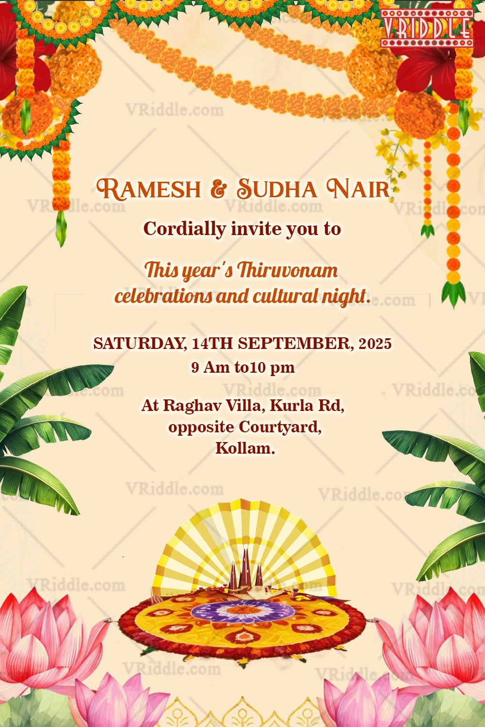 Onam Celebration Invitation Card with Banana Leaves, Colorful Pookalam and Lotus in Cream Background