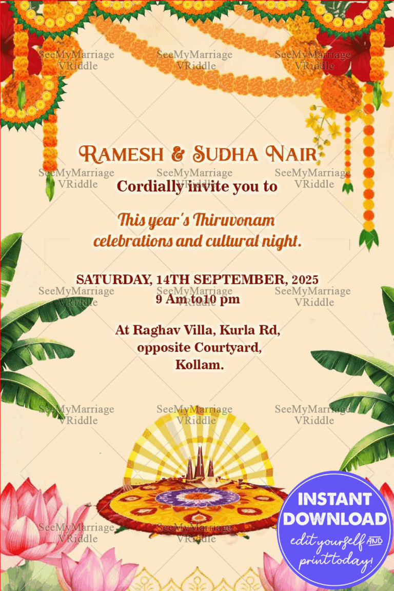 Onam Celebration Invitation Card with Banana Leaves, Colorful Pookalam and Lotus in Cream Background