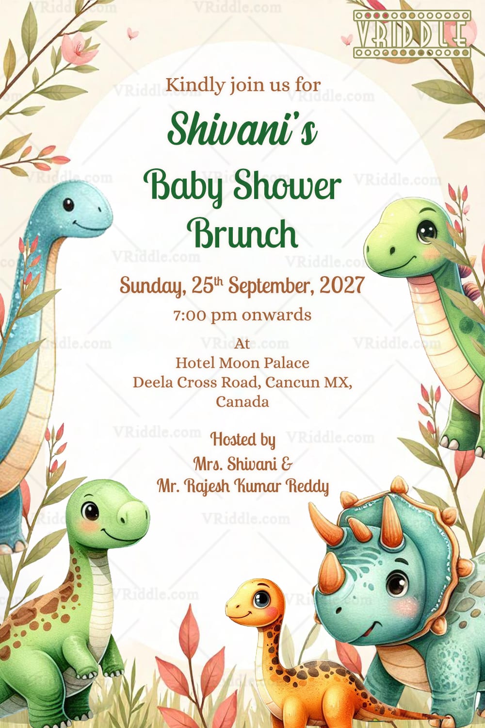 Pastel Dinosaur Theme Baby Shower Brunch Invitation with leafy branches