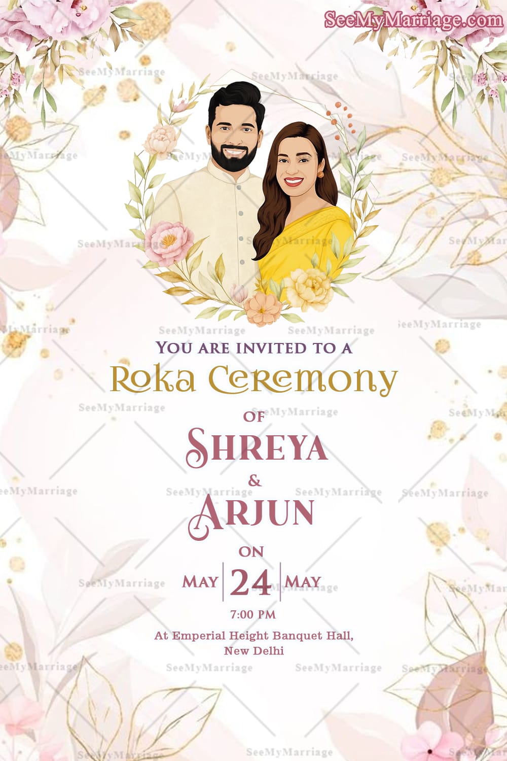 Pastel Theme Roka Ceremony Card with Add Photo, Illustrated Couple and Botanical Accents
